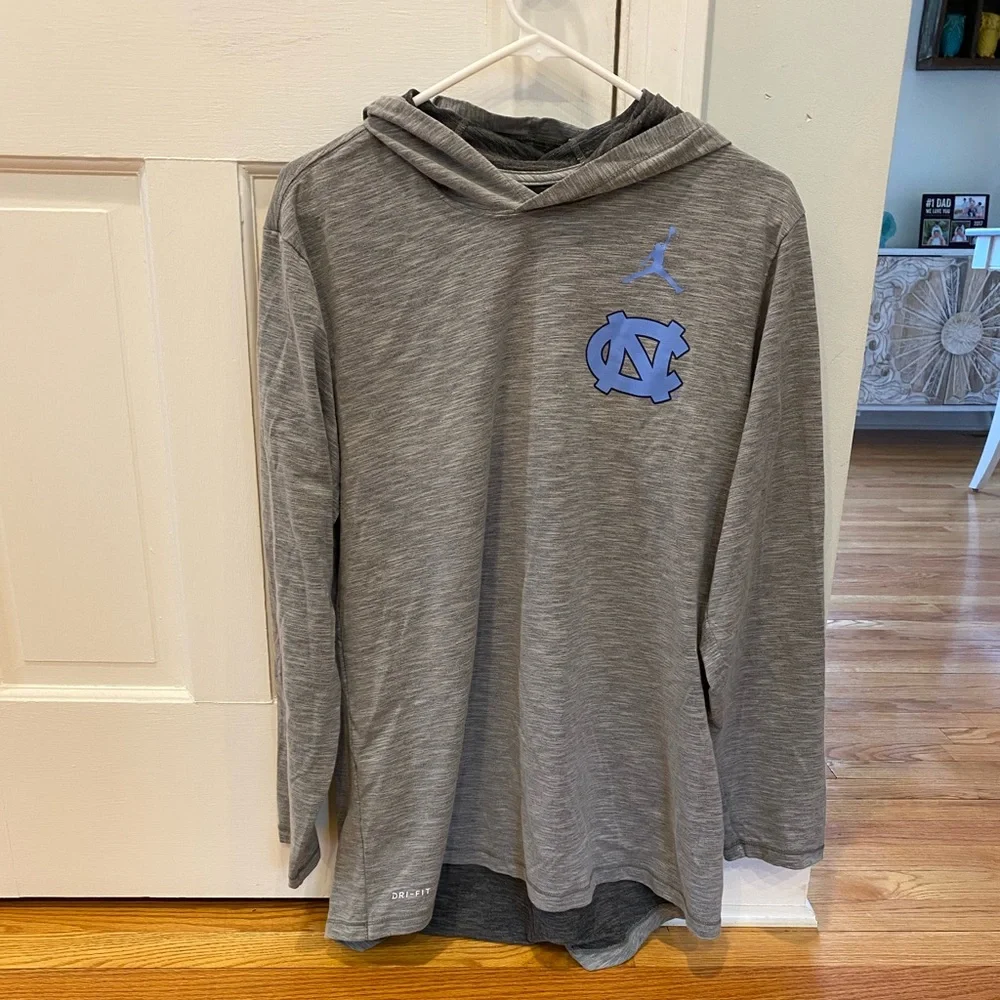 Jordan Gray Hooded Long Sleeve with Carolina Blue UNC Logo